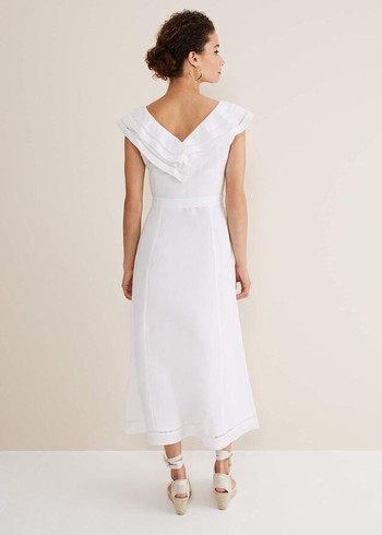 Phase Eight Julieta Linen Ruffle Broderie Dress White USA | 1365748-SU